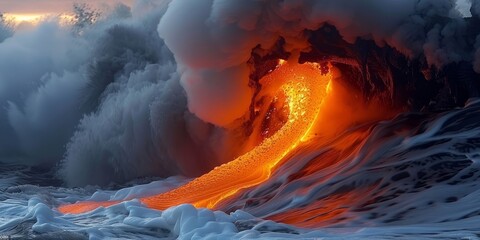 A river of fire: Molten lava carving its path through the landscape, an unstoppable force of nature - obrazy, fototapety, plakaty