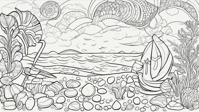 hand drawn style flowers black and white outline, a coloring book page illustration beach           