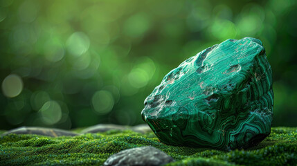 Malachite stone against a blurred green canopy, earth’s canvas - obrazy, fototapety, plakaty