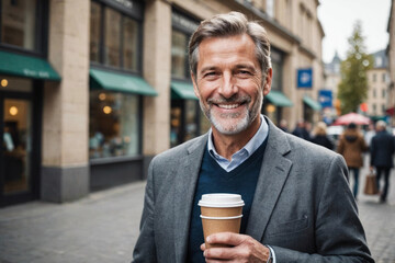 Smiling mature businessman with takeaway coffee on the go