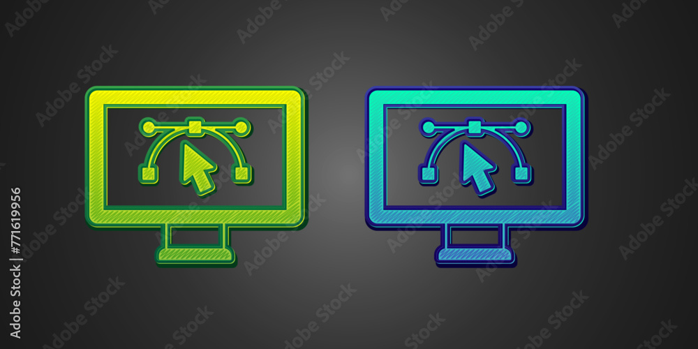 Sticker Green and blue Computer display with vector design program icon isolated on isolated on black background. Photo editor software with user interface. Vector