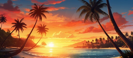A stunning natural landscape painting depicting a sunset on a tropical beach with palm trees standing tall in the foreground, set against a colorful afterglow sky reflected in the tranquil water
