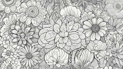  floral pattern black and white, coloring book page,   a black and white image of a floral pattern that features various flowers and leaves with intricate details