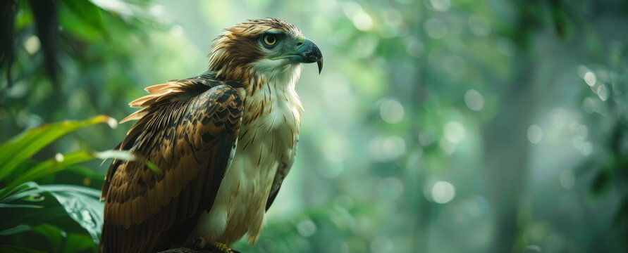 Philippine Eagle perched, dense rainforest in soft focus,