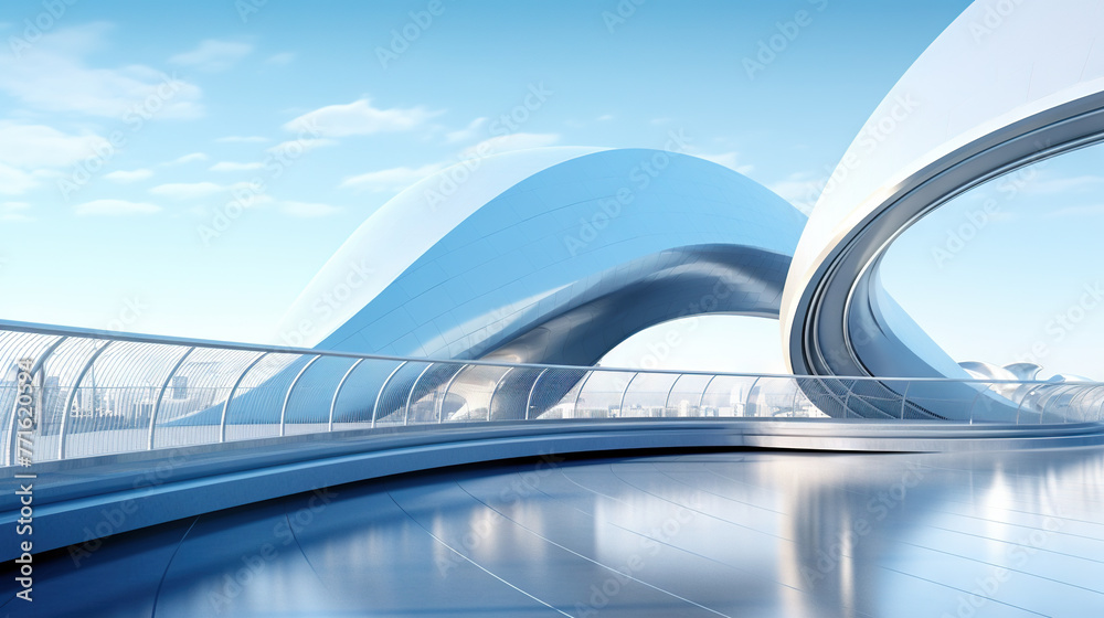 Poster Abstract architecture scene with smooth curves. Abstract background with futuristic building in white and blue colors.