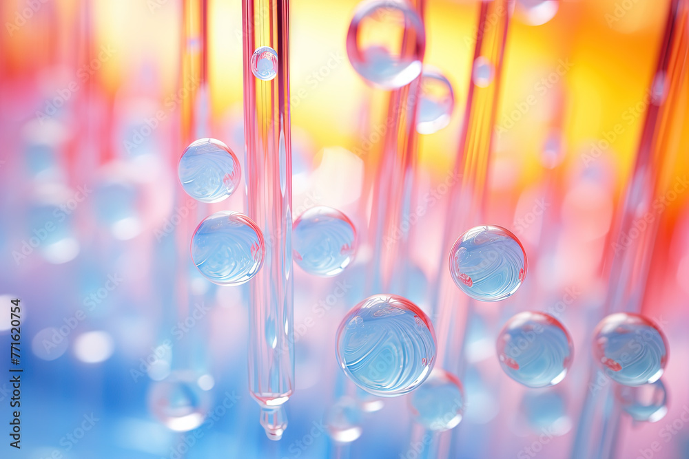 Poster Pink holographic bubbles floating on the soft colorful abstract background in beautiful vivid tones.
