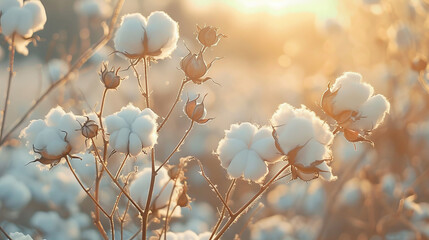 Raw cotton bolls on a soft-focus field, dawn light, - obrazy, fototapety, plakaty