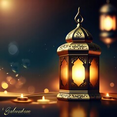 Ramadan kareem greeting design islamic with blur background and luxury lanter