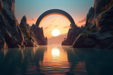 Abstract futuristic landscape view of arch and mountains during sunset. Surreal alien planet with water and mountains illuminated with sunset sun light