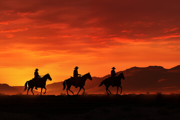 silhouettes of cowboys with horses, sunset background - obrazy, fototapety, plakaty
