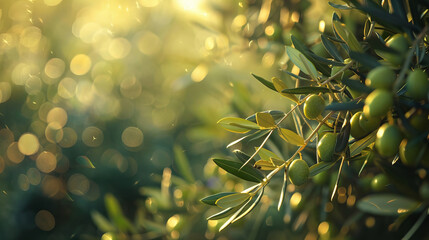 Ripe olives on a blurred Mediterranean grove, essence of flavor - obrazy, fototapety, plakaty
