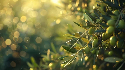 Fotobehang Ripe olives on a blurred Mediterranean grove, essence of flavor © Anuwat