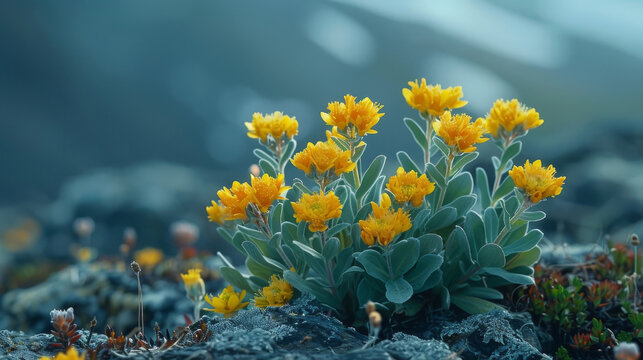 Rhodiola plants on a blurred Arctic tundra, golden root
