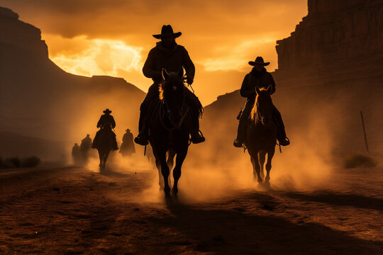 silhouettes of cowboys with horses, sunset background