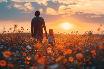 A heartwarming scene showing a father holding hands with his daughter in a field at sunset