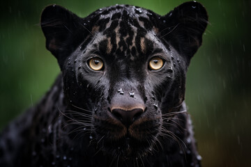Naklejka na ściany i meble black panther in misty jungles of Southeast Asia, wildlife documentary photography