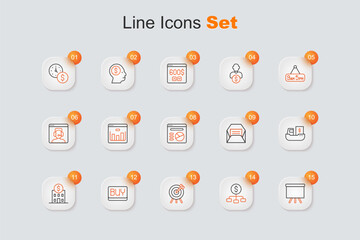 Set line Chalkboard, Hierarchy with dollar, Target financial goal, Buy button, Bank building, Cargo ship boxes delivery, Envelope and Pie chart infographic icon. Vector