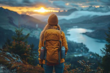 An adventurous woman in a yellow jacket stands facing a stunning mountain range at sunset,...