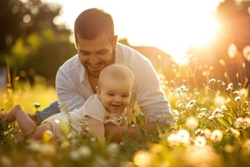 Happy father is holding a baby and playing on the grass at a bright sunshine