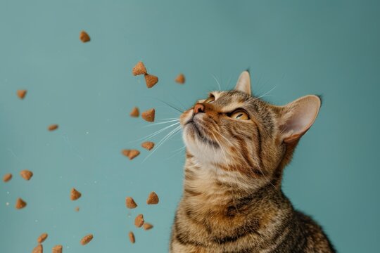 Happy cat try to catch delicious pet food fly around Isolated on color background
