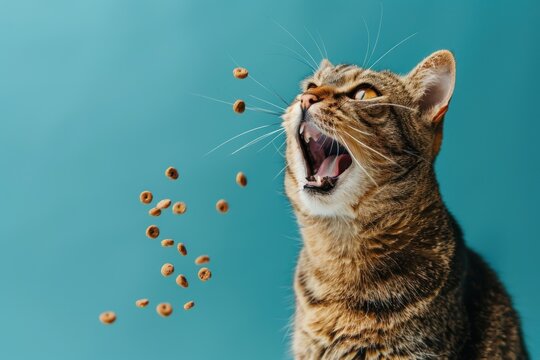 Happy cat try to catch delicious pet food fly around Isolated on color background
