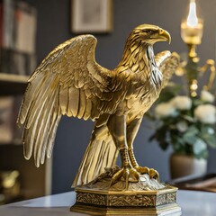 golden eagle statue.an impressive gold eagle figurine to adorn a living space or workspace with a touch of elegance and sophistication. The radiant gold finish and dynamic posture of the sculpture add - obrazy, fototapety, plakaty