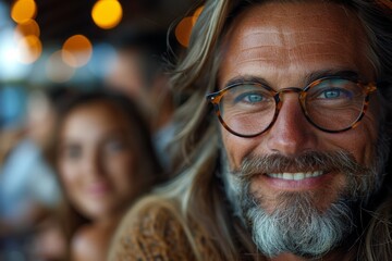 Close-up portrait of a cheerful man with glasses and a beard, with warm bokeh background lights - obrazy, fototapety, plakaty