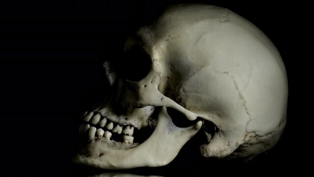 Anatomically accurate human skull rotates on its axis. Smooth rotation.