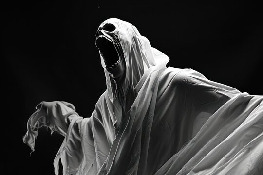 horror white undead ghost screaming on black background