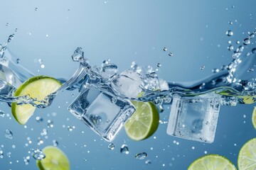 Slices of lime and ice cubes are floating in clear water, creating a refreshing and vibrant visual composition