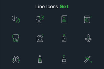 Set line Dental mirror and probe, Mouthwash, Tube of toothpaste, plate, Syringe, floss and Tooth icon. Vector