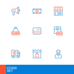 Set line Happy customer, Shopping day, Armored truck, Sold, Hanging sign with text Closed, Credit card, Market store and Stacks paper money cash icon. Vector