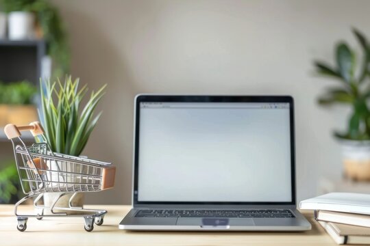 Laptop with white mockup screen on desk with mini shopping cart on top, online shopping