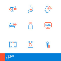 Set line Gluten free grain, Diet plan, Bathroom scales, Kcal, No burger, Vitamins, Water balance and Human stomach health icon. Vector