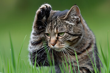 A cat is playing with its paw in the grass. The cat is looking at the camera with a curious expression. Generative AI