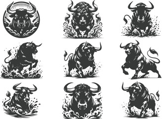  angry bull  silhouettes black color . white color background 