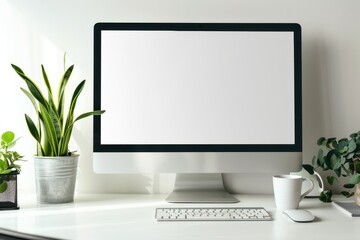 Minimalist office background computer display mockup - obrazy, fototapety, plakaty