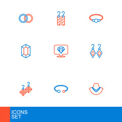 Set line Necklace on mannequin, Bracelet jewelry, Earrings, Gem stone, Diamond, and icon. Vector