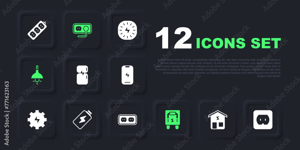 Poster Set Smart home, Electrical outlet, Refrigerator, panel, Lamp hanging, Battery charge, and icon. Vector