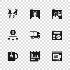 Set Document with graph chart, Pie infographic, Advertising, Armored truck, Video chat conference, Push pin, Telephone 24 hours support and Hierarchy dollar icon. Vector