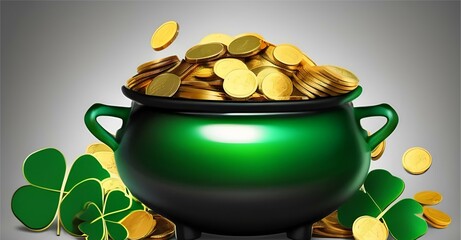 black pot full of gold coins and shamrock leaves. abstract green background for design ,banner , invitation ,art 