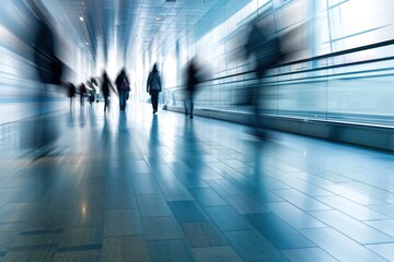 Motion blur of people walking in corporate building hallway