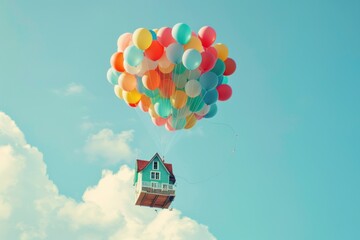Moving house concept with residential house ready to be lifted off by thousands of balloons