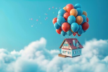 Moving house concept with residential house ready to be lifted off by thousands of balloons
