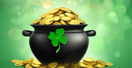 black pot full of gold coins and shamrock leaves. abstract green background for design ,banner , invitation ,art 