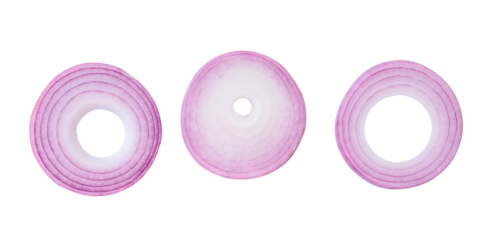 Top view set of red or purple onion slices or onion rings isolated with clipping path in png file format