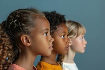 Obraz premium Multi-ethnic diversity and beauty. Group of different ethnicity kids in profile
