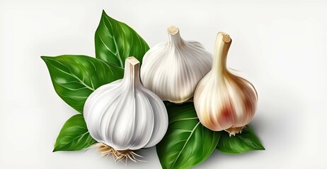 Garlic with leaves isolated on white  background. Top view