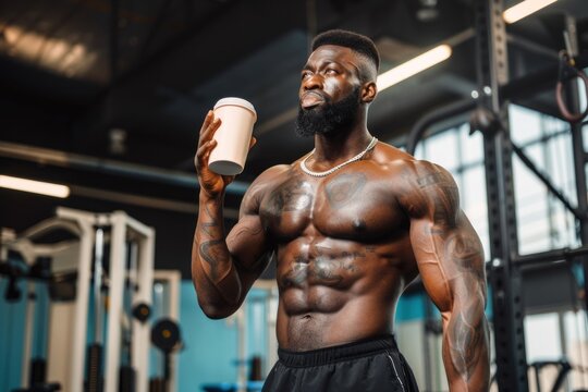 Muscular man holding protein shake in gym
