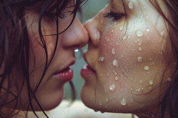 Passionate wet lesbian kiss close-up - obrazy, fototapety, plakaty